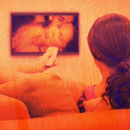Image shows a woman sitting on the couch watching porn on TV
