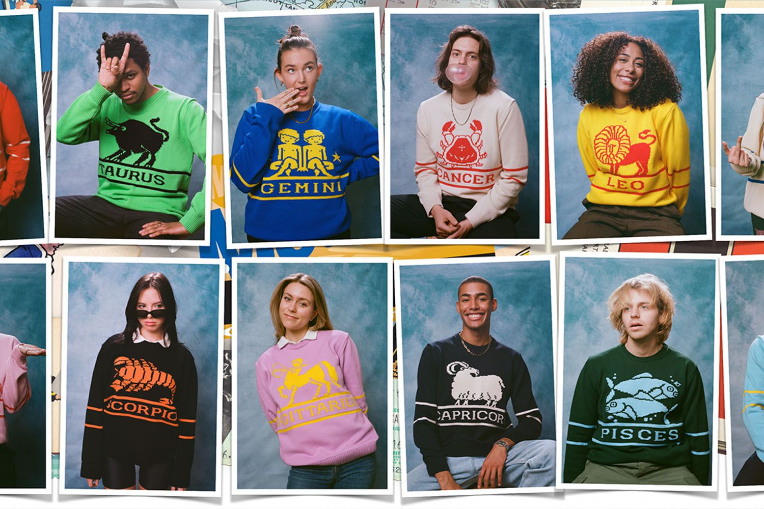 a collage of Polaroids featuring models in the zodiac sweaters