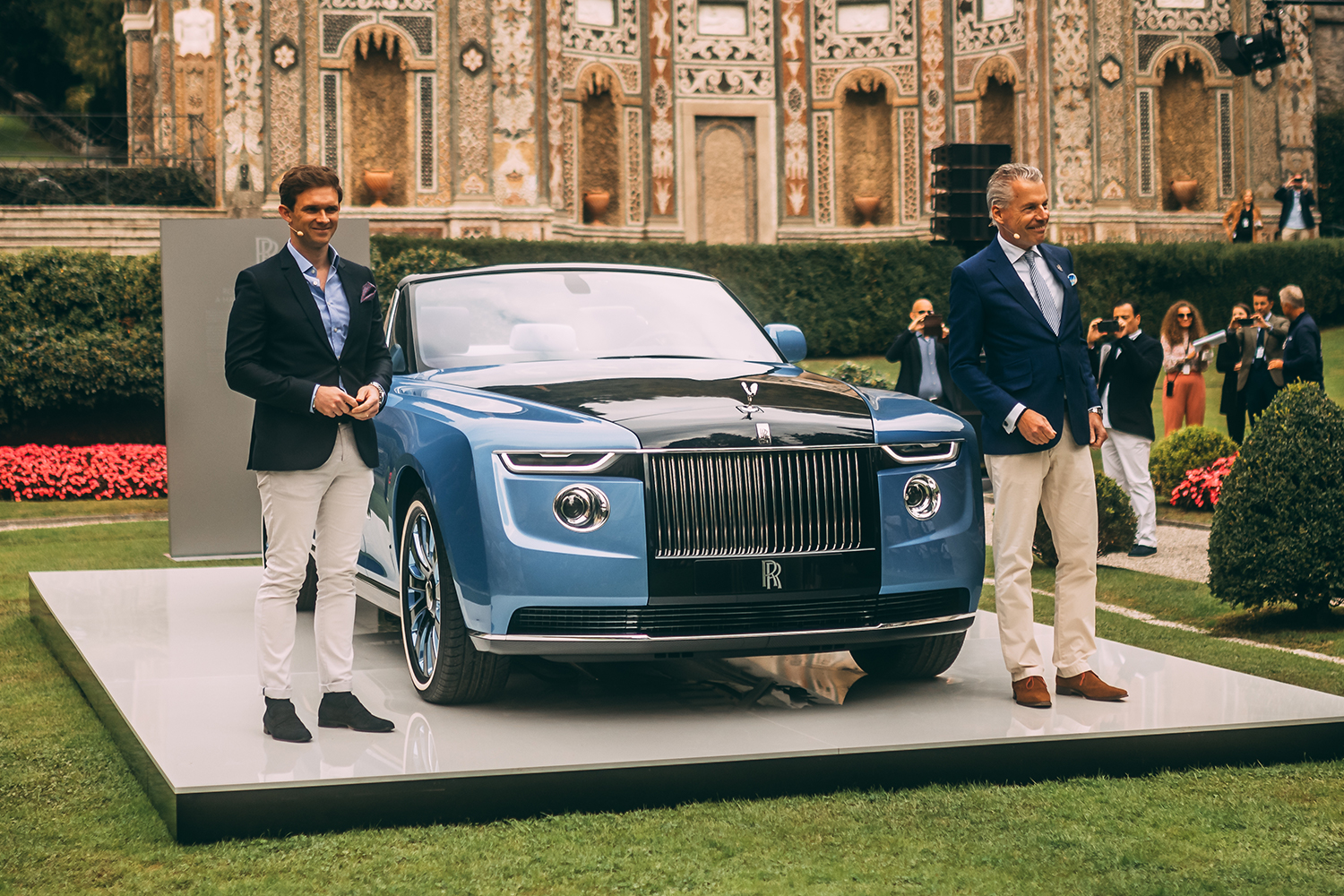 Alex Innes and Torsten Müller-Ötvös of Rolls-Royce revealing the Boat Tail model at the Villa d'Este Concorso d’Eleganza on the shores of Lake Como, Italy, in October 2021