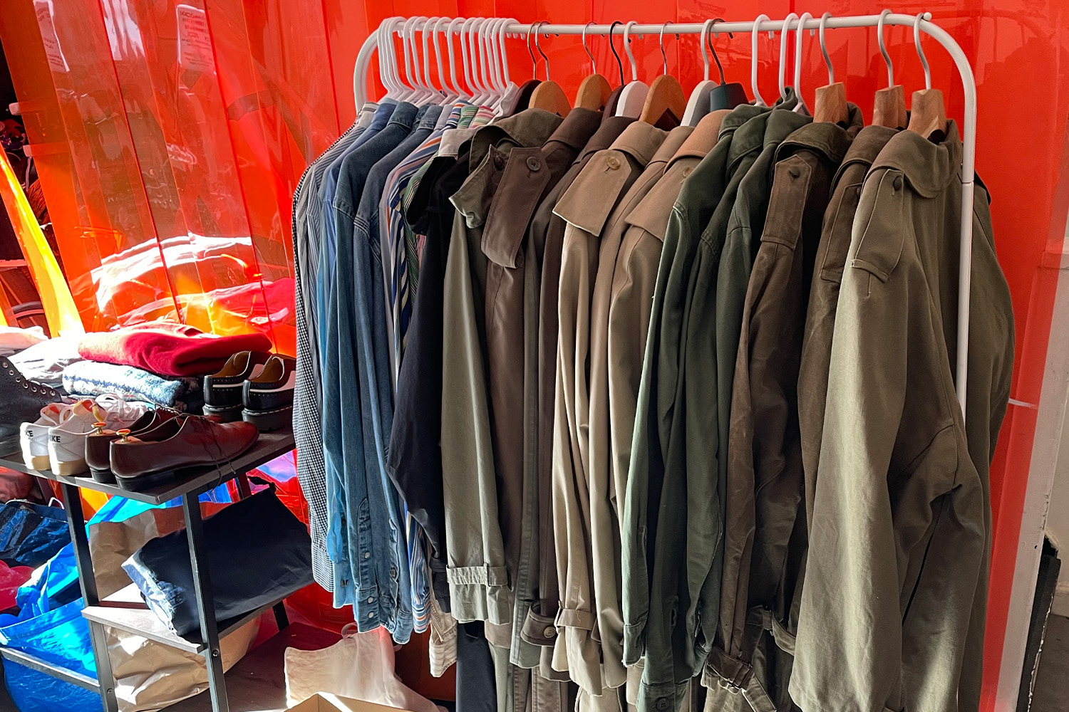 A row of jackets and trenchcoats at Alfargo's.