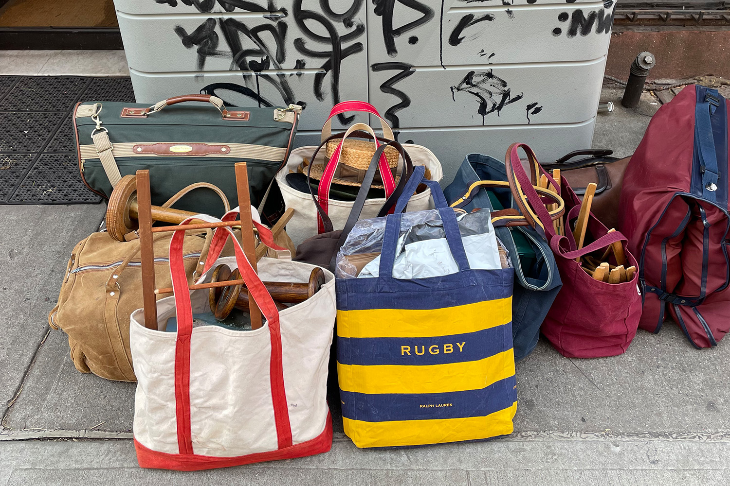 Bags of merchandise outside Alfargo's. 