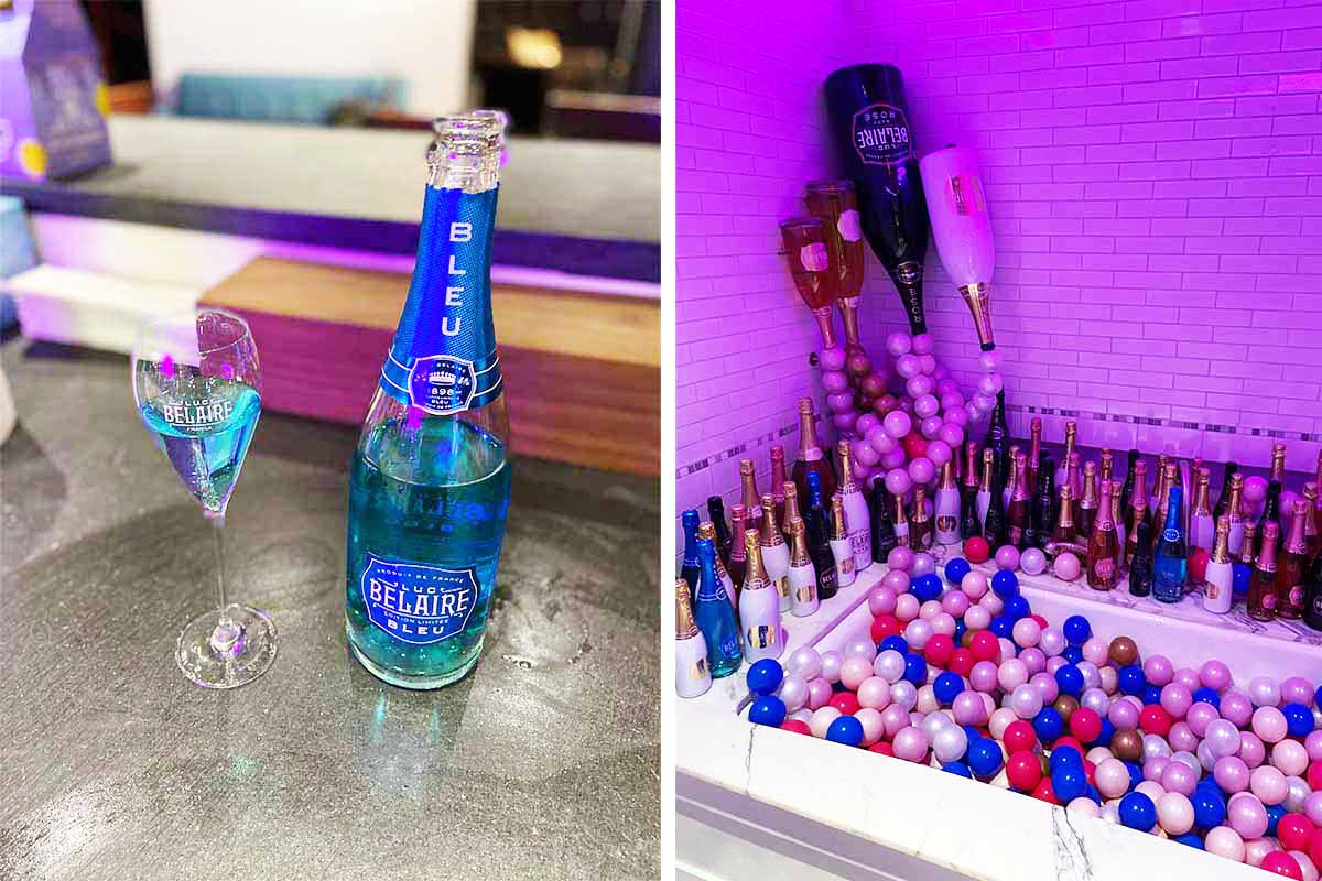 Luc Belaire Bleu in a bottle and glass; the ballpit inside Sovereign Brands HQ