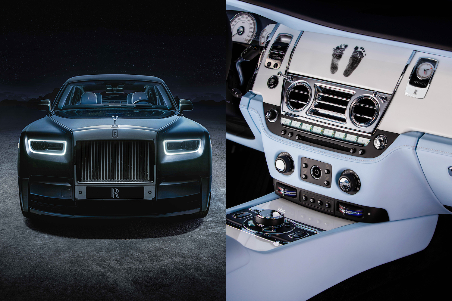 Left: The front of a Rolls-Royce Phantom Tempus, a bespoke car that features paint that incorporates jewel-like blue mica flakes, which glitter and glint as they catch the light, representing the stars. Right: The piano white dashboard of a Rolls-Royce featuring the footprints of a baby girl.