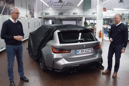 Hans Rahn and Dirk Hacker of BMW show off the upcoming M3 Touring, as station wagon version of the sport sedan based off a concept of the E34 M3 from 2000.