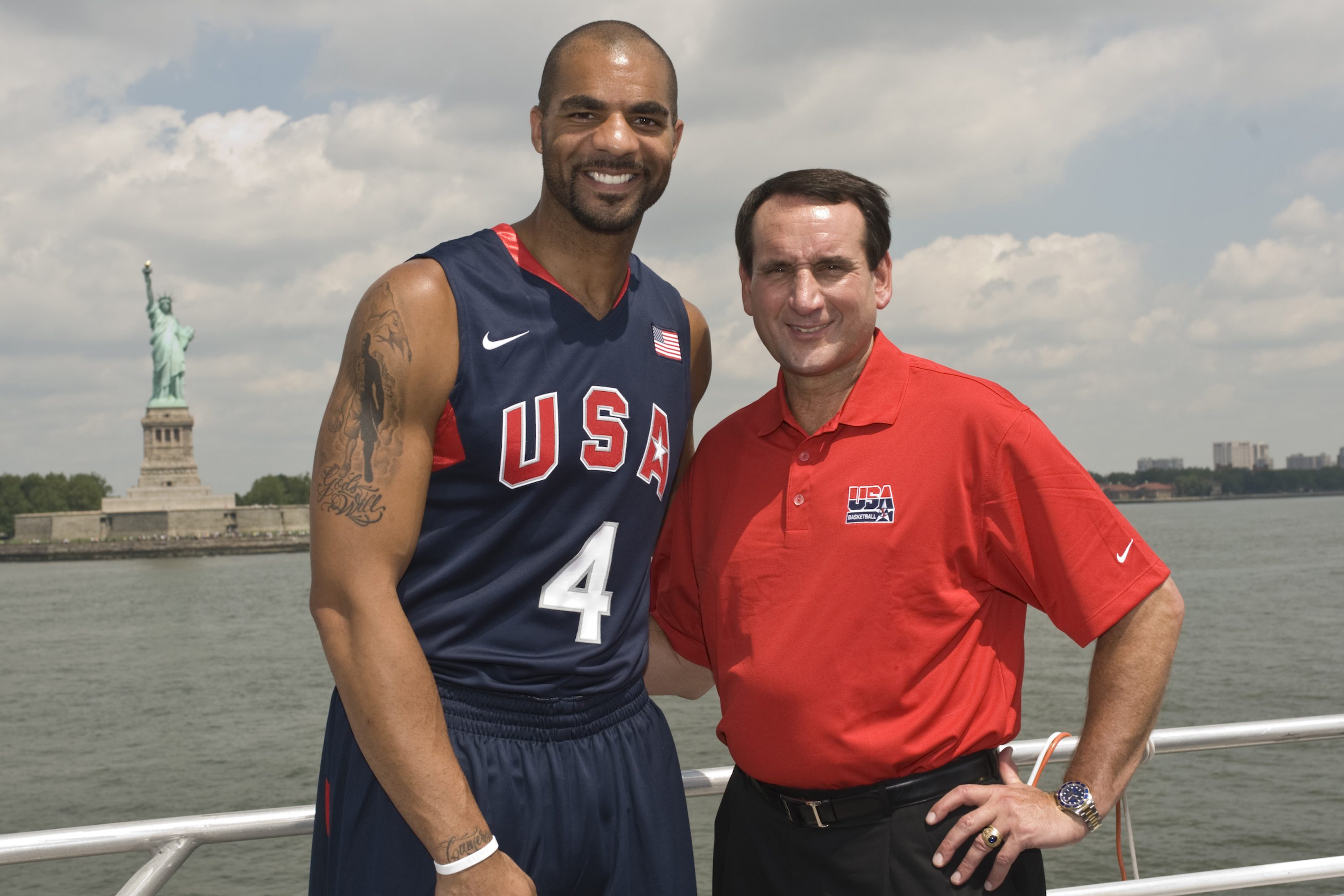 Carlos Boozer poses with his former Duke coach Mike Krzyzewski for USA Basketball in 2008