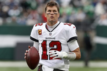 Tom Brady of the Tampa Bay Buccaneers prepares for a game against the New York Jets