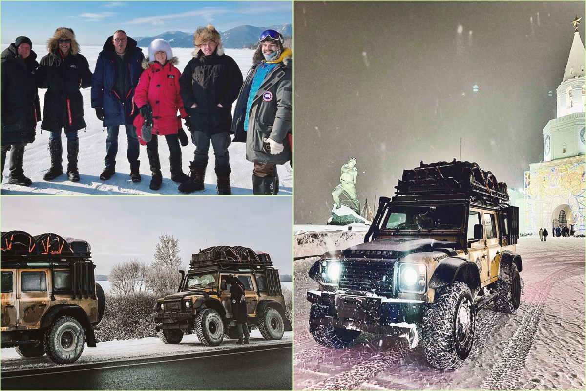 A grid of three photos showing Travel Edge CEO Jeff Willner and his group of explorers joining him on the DefenderX expedition from London to New York. Here we see the group's two Land Rover Defenders driving through Russia before the war with Ukraine began.