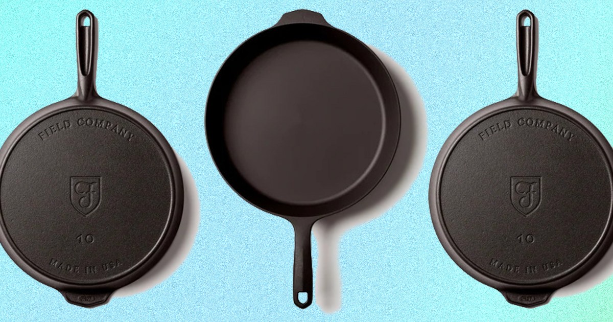 The No. 10 cast iron skillet from Field Company on a blue background. The brand is throwing a factory seconds sale on cast iron cookware.