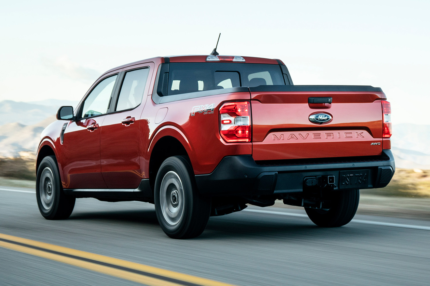 Rear view of the 2022 Ford Maverick pickup truck in the Lariat edition.