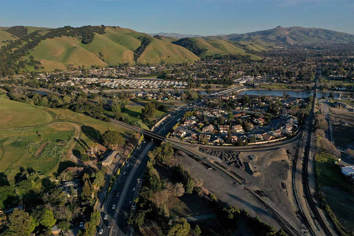 A drone view of the East Bay hills near the historic Niles district is seen in Fremont, Calif., on Monday, Feb. 28, 2022.