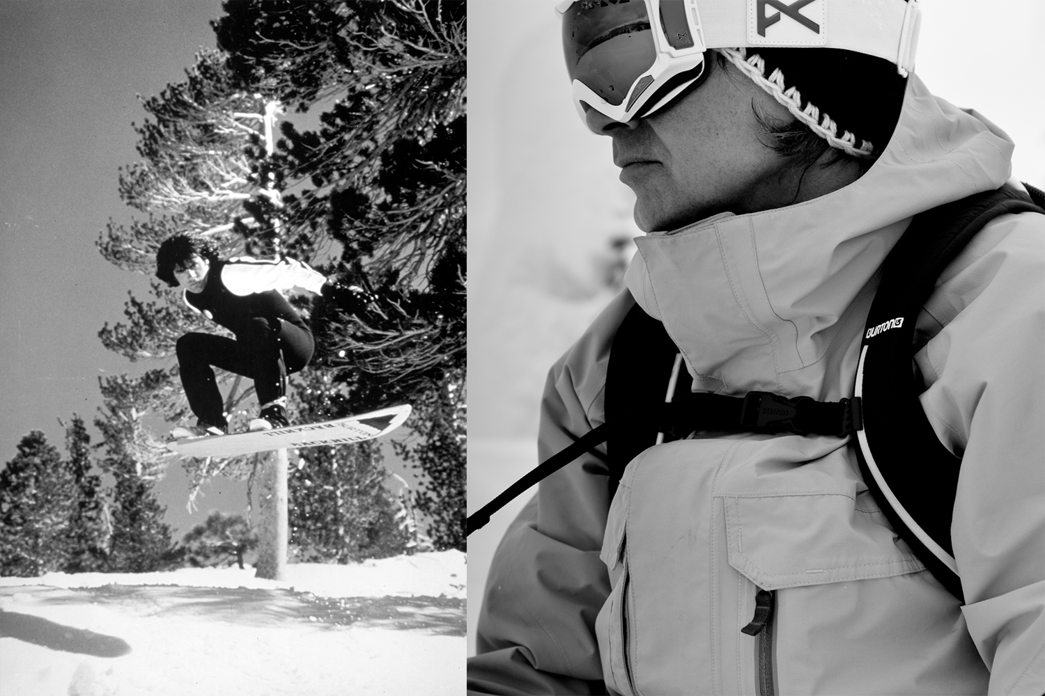 Two black and white photos. Left, Jake Burton riding an old-school snowboard. Right, a profile of Burton with snow goggles over his face.