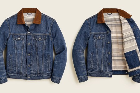 The Wallace & Barnes men's blanket-lined denim jacket shown closed and opened. The spring jacket is currently on sale at J.Crew in March 2022.