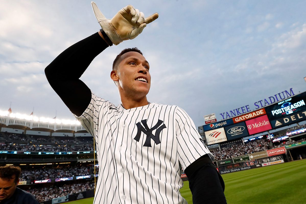 Aaron Judge of the New York Yankees celebrates hitting a walk-off single at Yankee Stadium