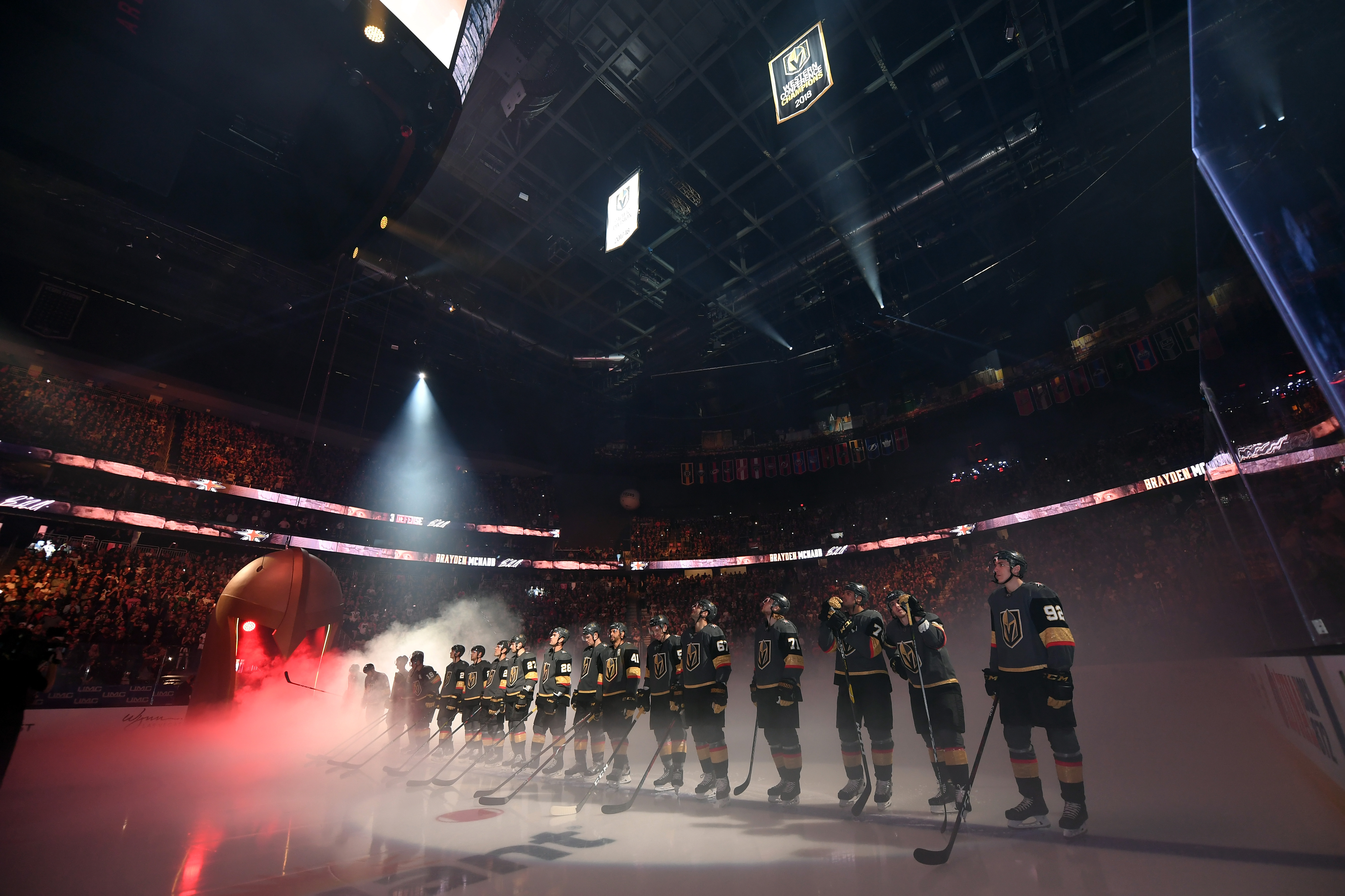 The Vegas Golden Knights on the ice during pregame ceremonies