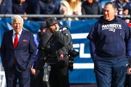 Patriots owner Robert Kraft and head coach Bill Belichick before a game against the Dolphins