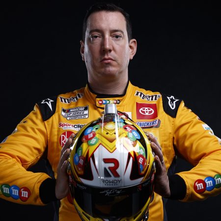 NASCAR driver Kyle Busch poses during NASCAR Production Days at Clutch Studios