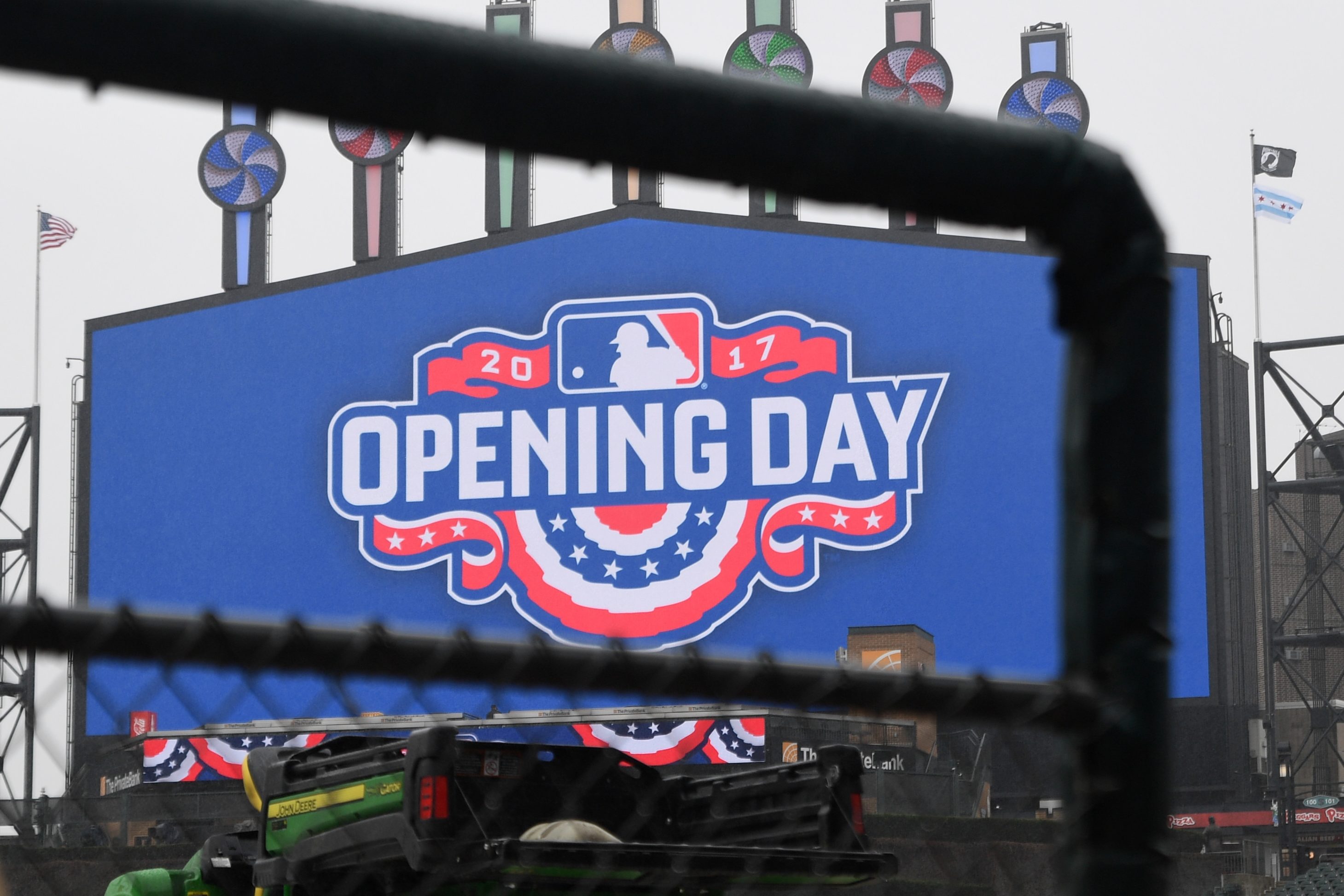 A general view of the "Opening Day" logo on the scoreboard prior to a White Sox game. The second postponement of MLB opening day is the fault of both the players and owners.