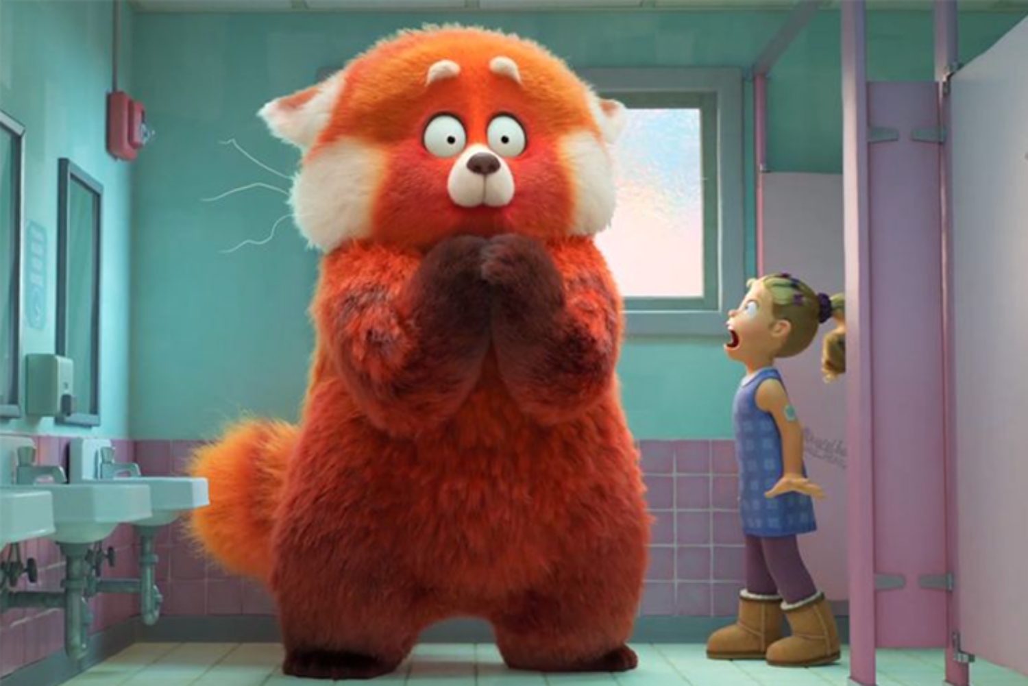 A scene from Disney/Pixar's "Turning Red" shows the main character transformed into a giant red panda in a school bathroom