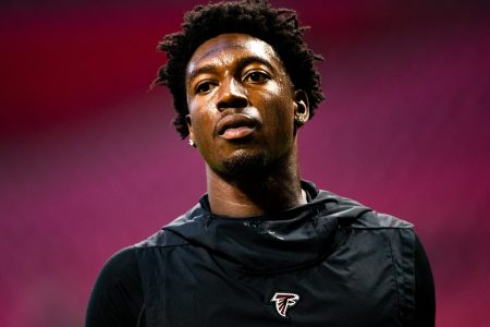 Calvin Ridley of the Falcons looks on prior to the start of a 2019 game