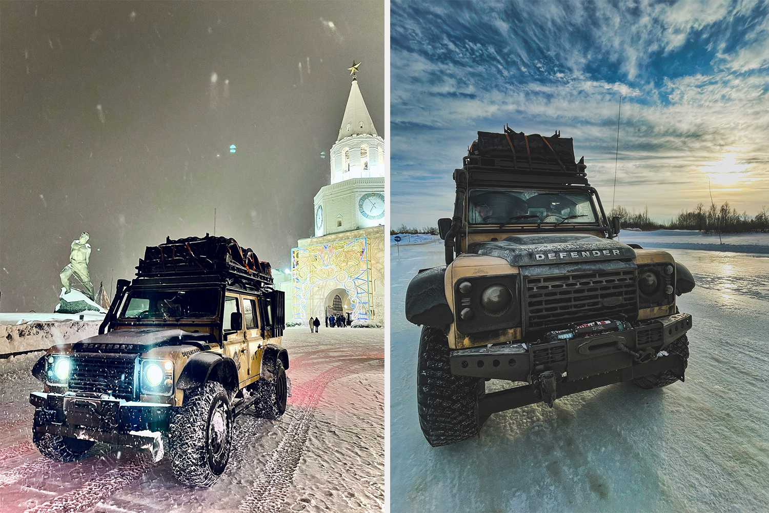 Two of the yellow and black Land Rover Defender SUVs from the DefenderX London to New York expedition driving through Russia, including the Kazan Kremlin in the left photo
