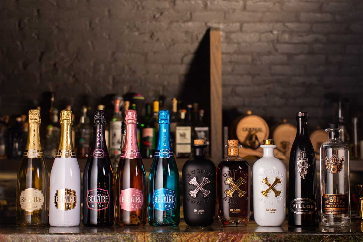 The line-up of booze from Sovereign Brands, sitting on a bar counter