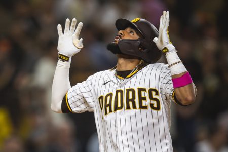 Fernando Tatis Jr. of the San Diego Padres celebrates after hitting a home run