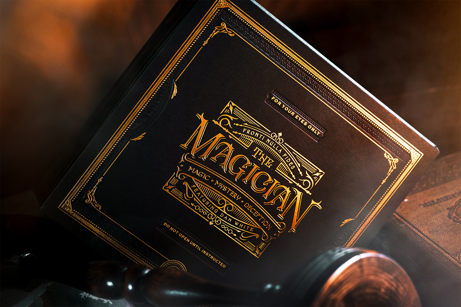 The black and gold box sent to people who buy ticket's for "The Magician," Dan White's Zoom version of the magic show once at the NoMad Hotel in New York City