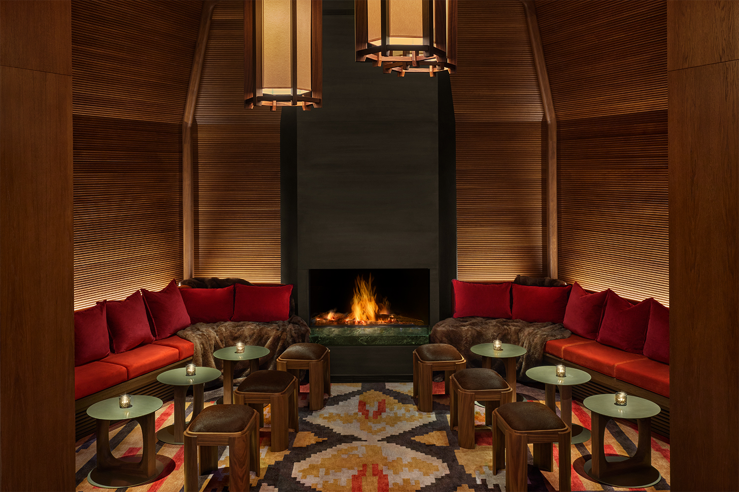 The Tolt bar in the Reykjavík Edition, the first five-star hotel in the city, with a roaring fireplace and relaxed seating