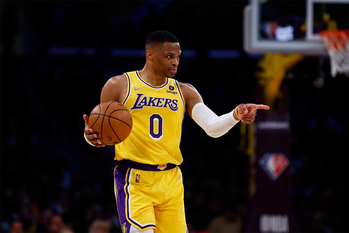 Russell Westbrook #0 of the Los Angeles Lakers at Crypto.com Arena on March 01, 2022 in Los Angeles, California