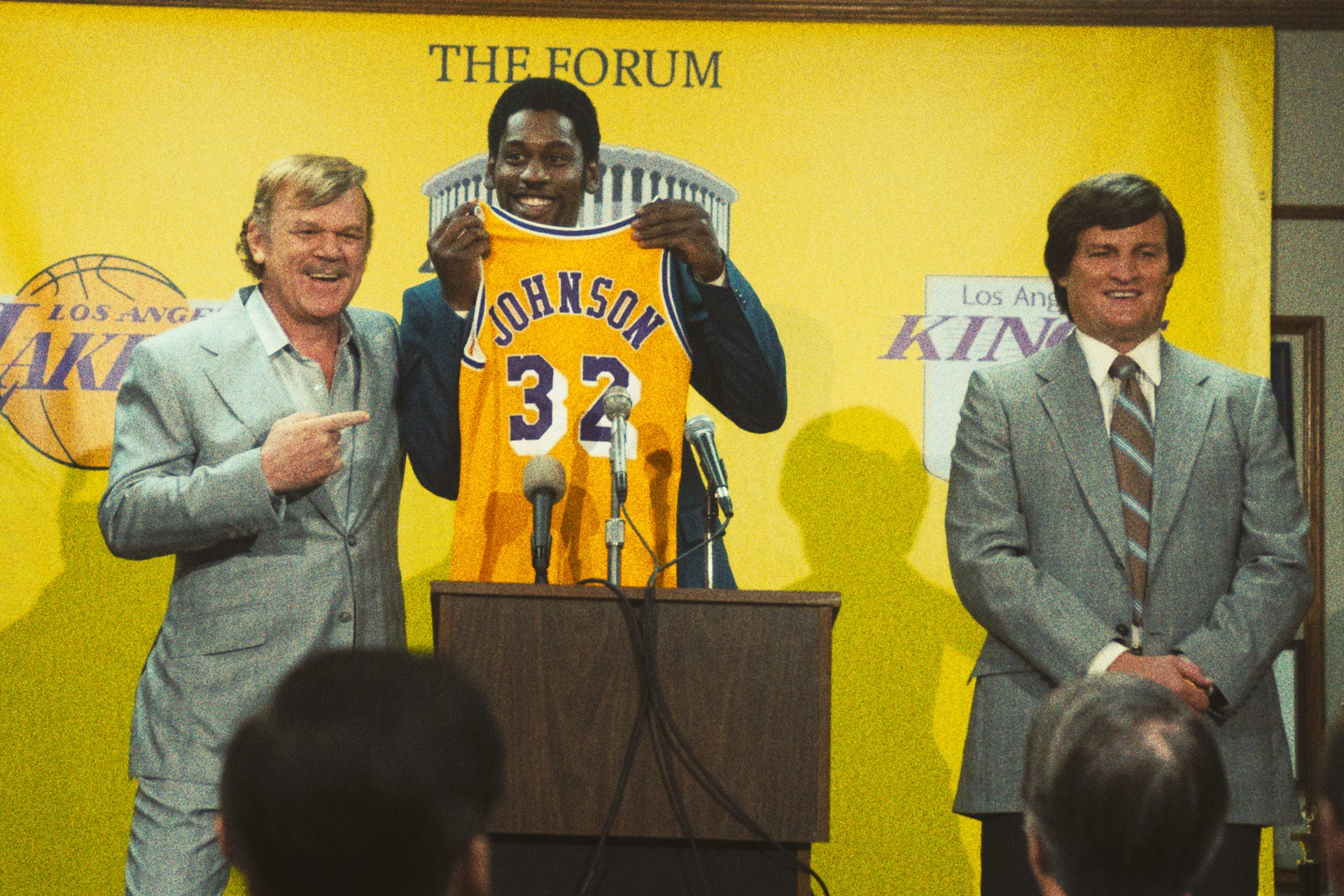 John C. Reilly as Jerry Buss, Quincy Isaiah as Magic Johnson and Jason Clarke as Jerry West in "Winning Time."