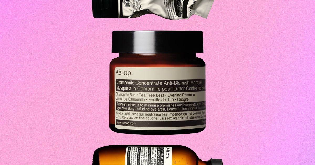 a collage of Aesop products on a pink background