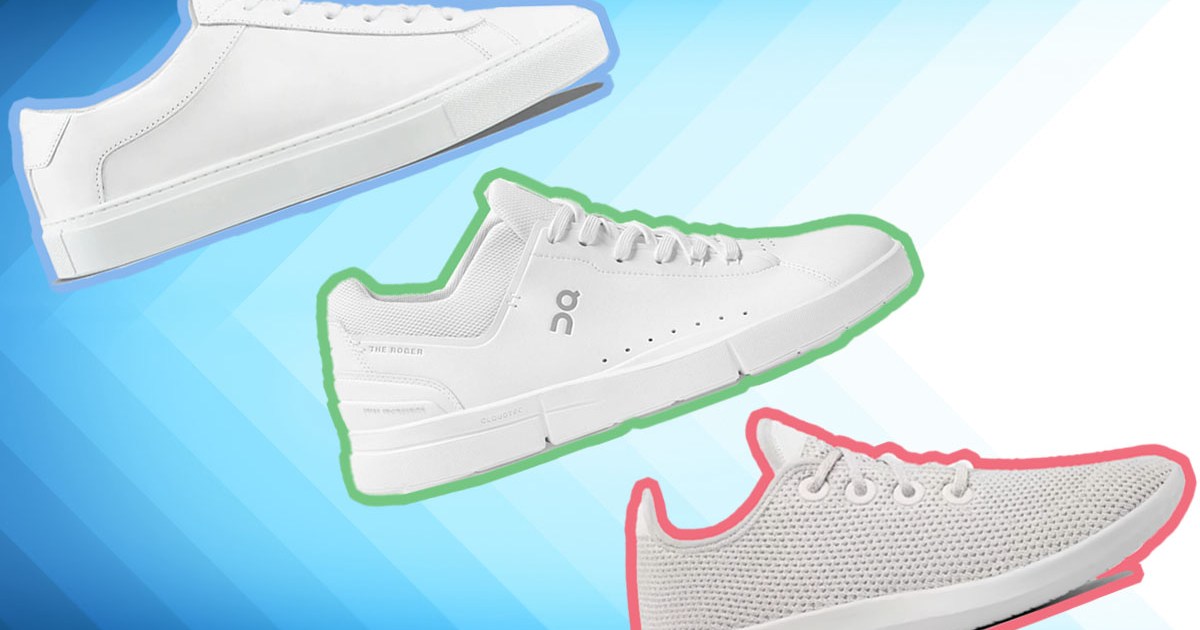 a collage of white sneakers outlined on a gradient background