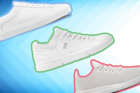 a collage of white sneakers outlined on a gradient background