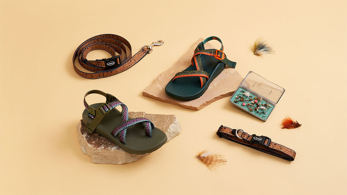 a collage of the Chaco x Thomas Rhett Collection featuring sandals and pet accessories on a tan background