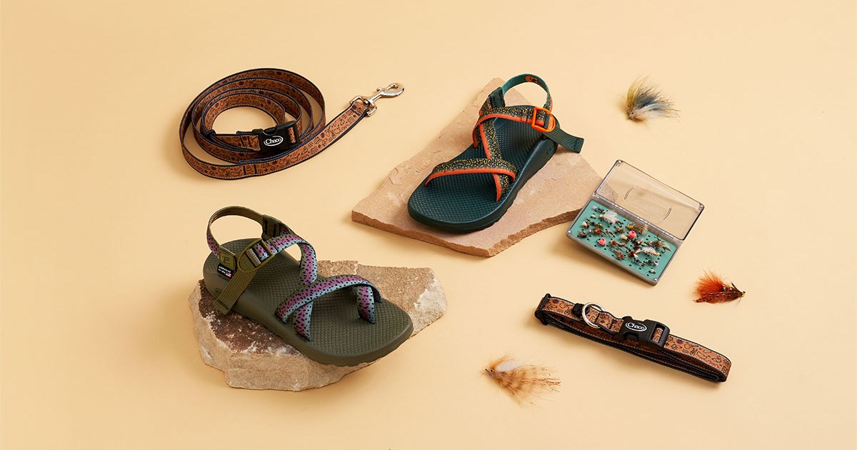 a collage of the Chaco x Thomas Rhett Collection featuring sandals and pet accessories on a tan background