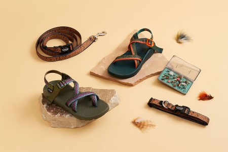 a collage of the Chaco x Thomas Rhett Collection featuring sandals and pet accessories on a tan background