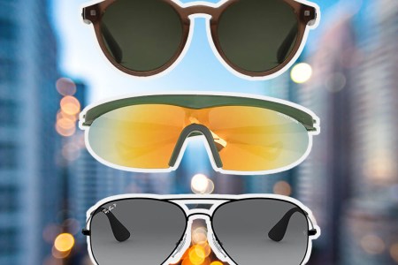 a collage of designer sunglasses on a city background