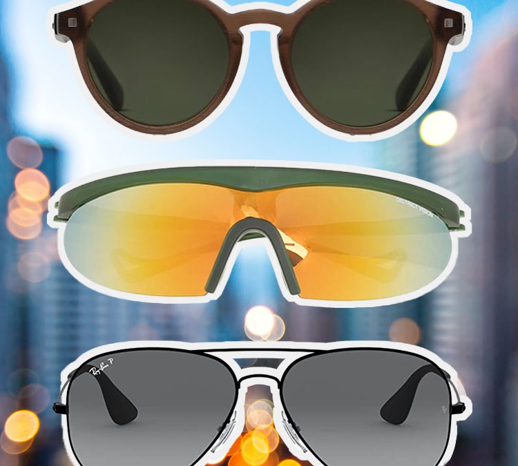 a collage of designer sunglasses on a city background