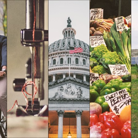 A photo collage of a man biking, a sewing machine, the U.S. Capitol, a farmers market and solar panels in a field. We take a look at why you should give your time, not your money, to fight climate change.