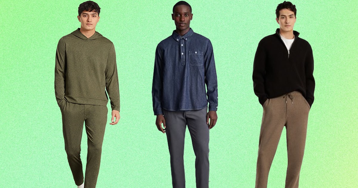 a collage of models wearing everyone clothing on a green background