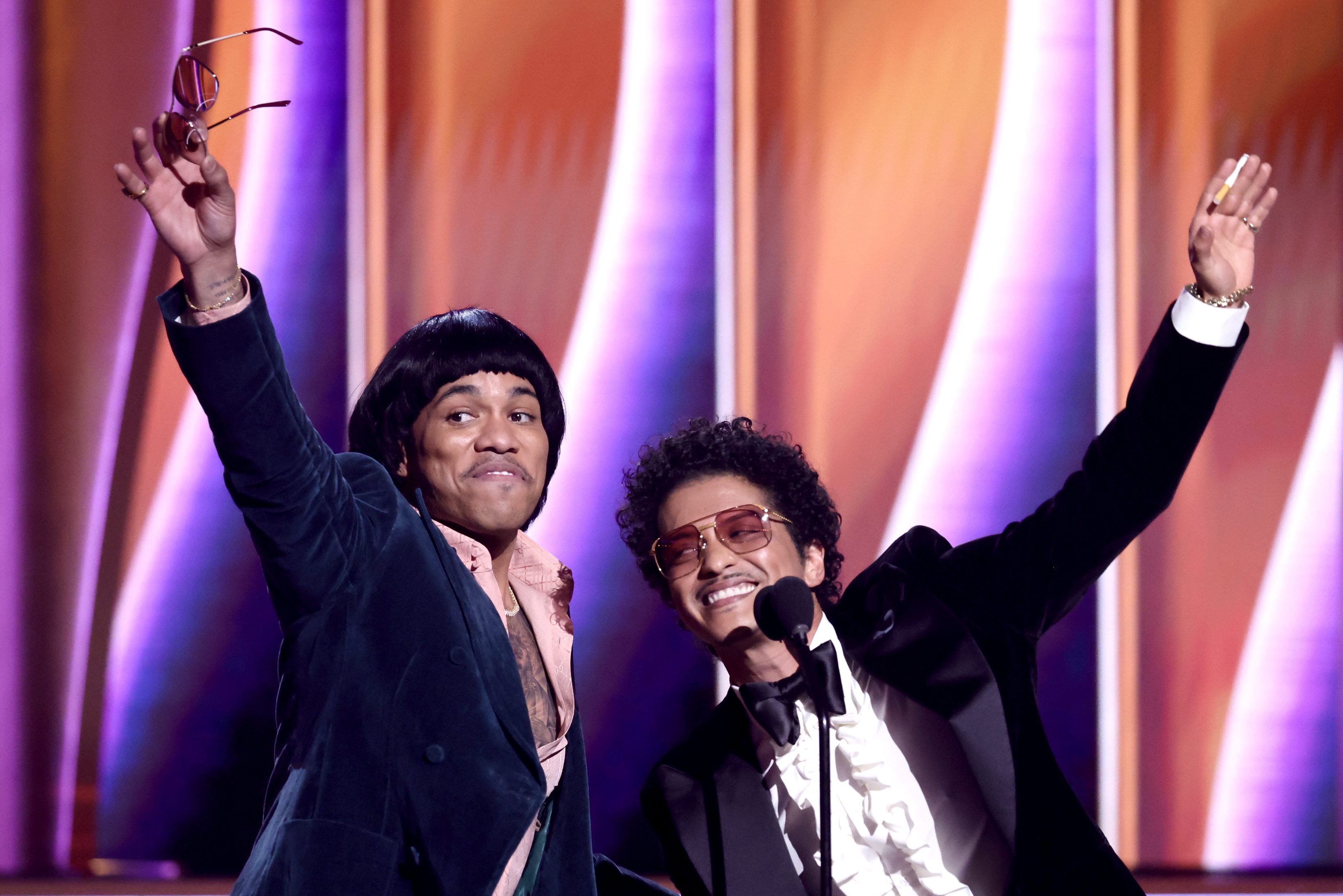 Anderson .Paak and Bruno Mars of Silk Sonic accept Record Of The Year award for "Leave The Door Open" during the 64th Annual GRAMMY Awards.