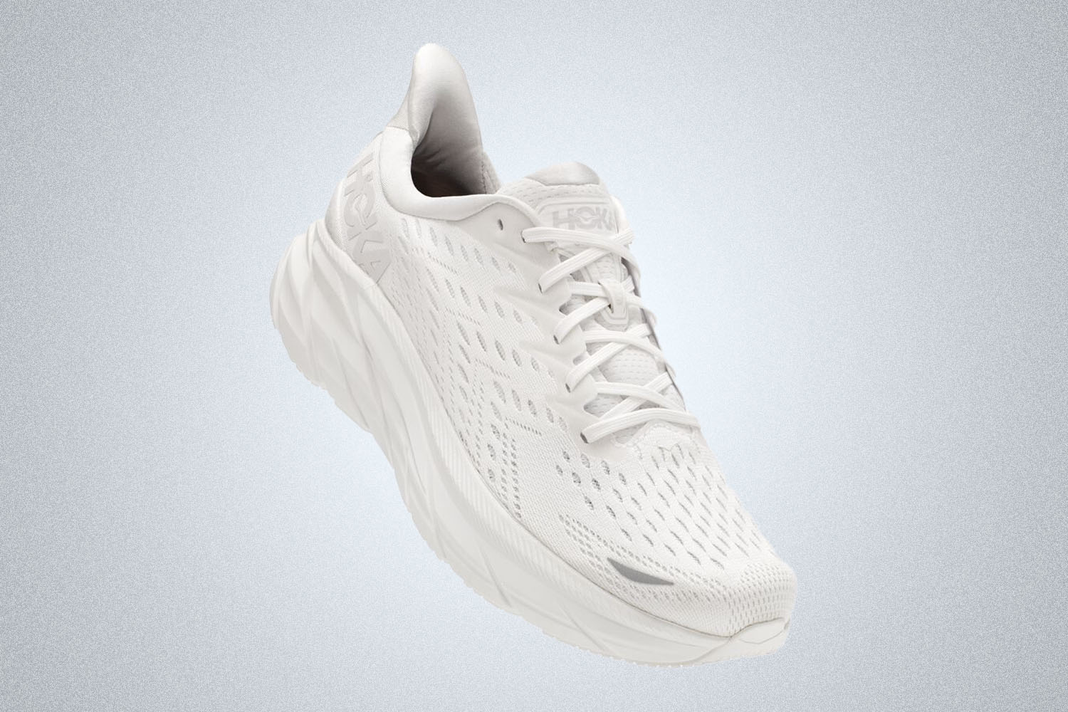 an all white Hoka Clifton 8 sneaker on a white background