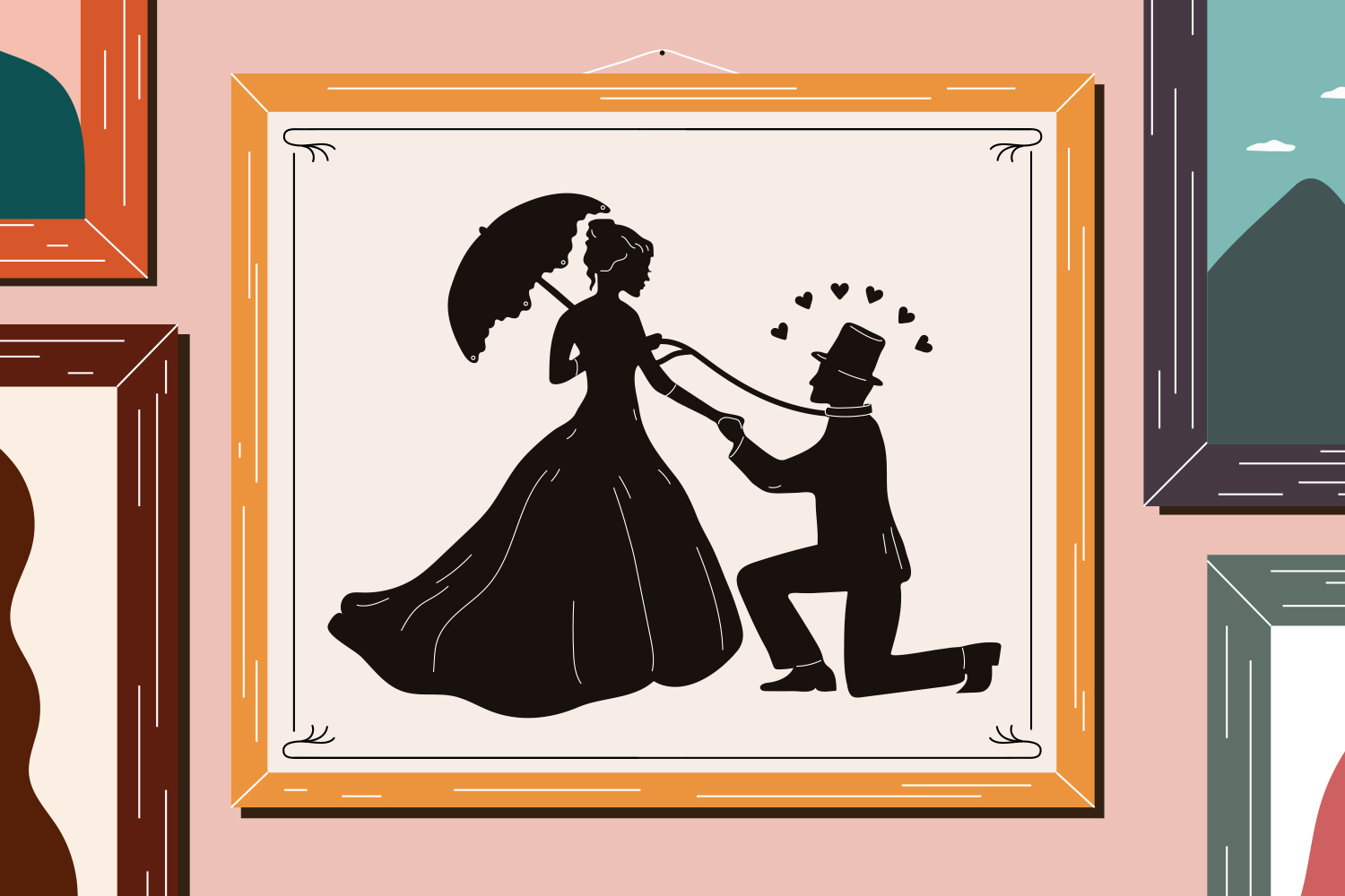 Illustration shows a wall of portraits, featuring a silhouette of a couple in Victorian dress. The man is on his knees and the woman holds a leash around his neck.