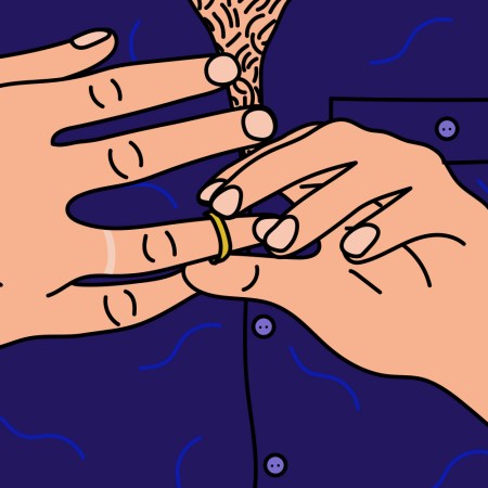 Illustration shows a close-up image of a man taking off a wedding band, revealing a tan-line