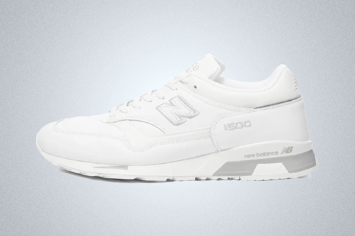 an all white New Balance 1500 sneaker on a white background