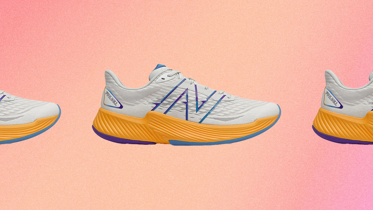 a collage of New Balance shoes on a pink background