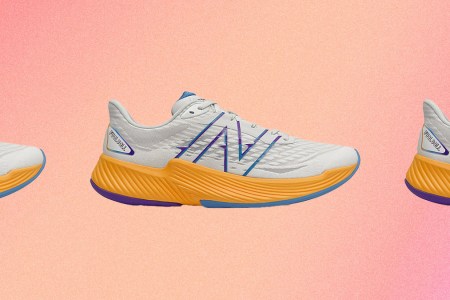 a collage of New Balance shoes on a pink background