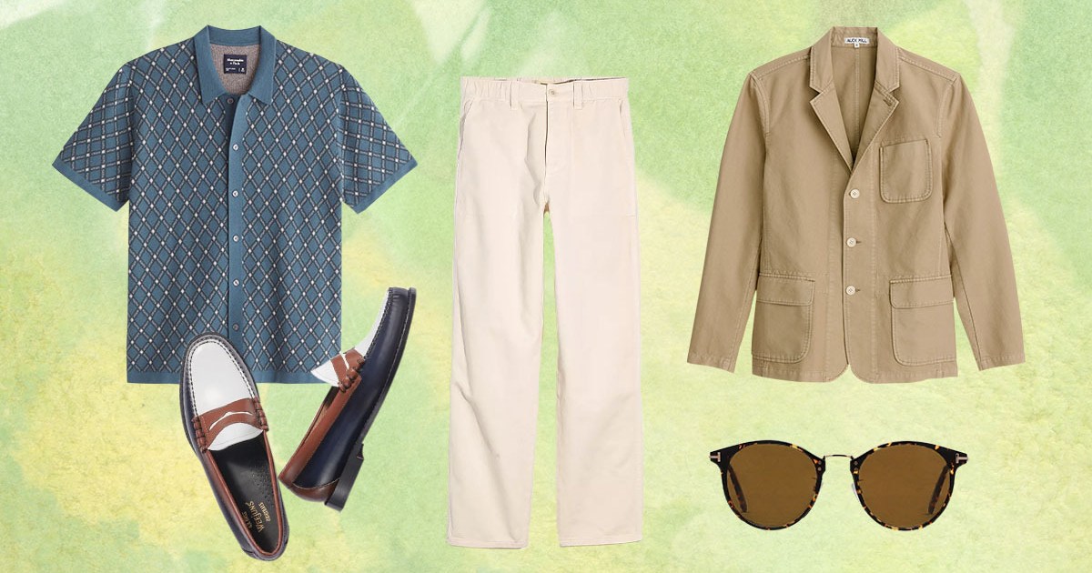 A collage of spring essentials all men should own on a light green background