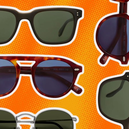 a collage of sunglasses styles on an orange and yellow background