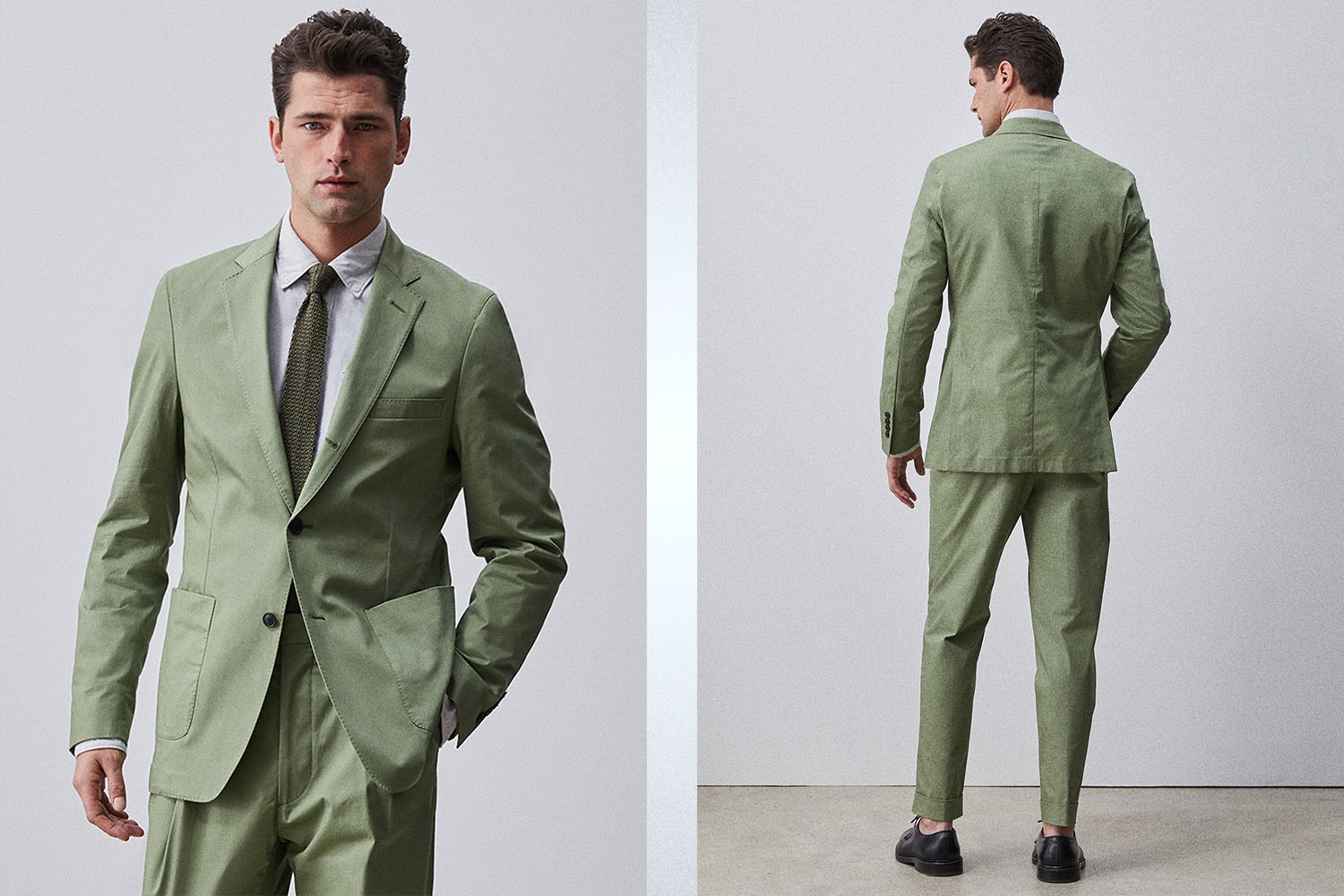 a model wearing a green twill Madison Suit from Todd Snyder